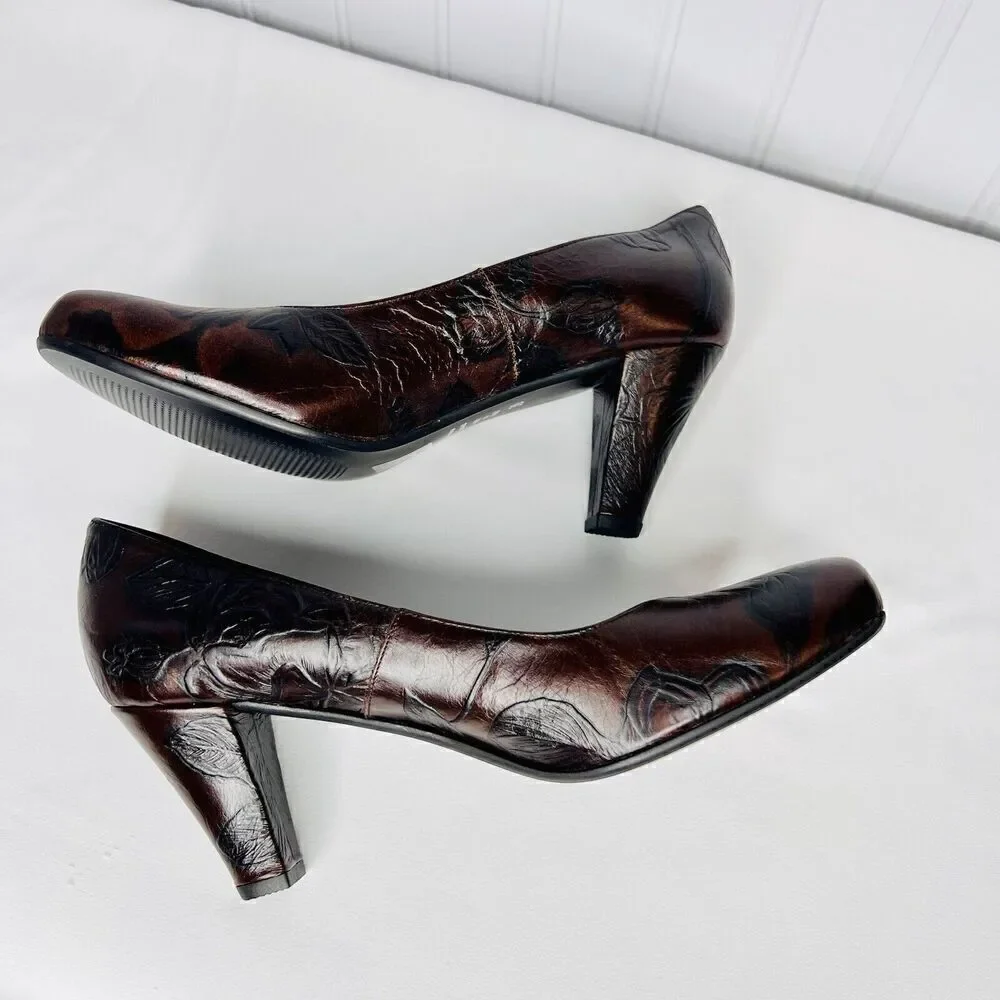 Cuoieria Fiorentina Italy Tuscan Sz 8.5 Heels Chocolate Brown Leather Floral